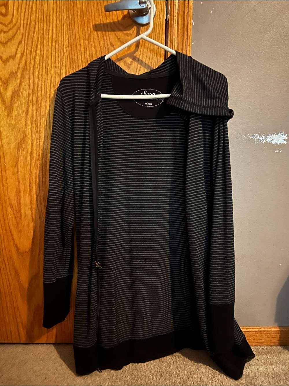 Striped Black & Gray Women's Open Cardigan with Hood